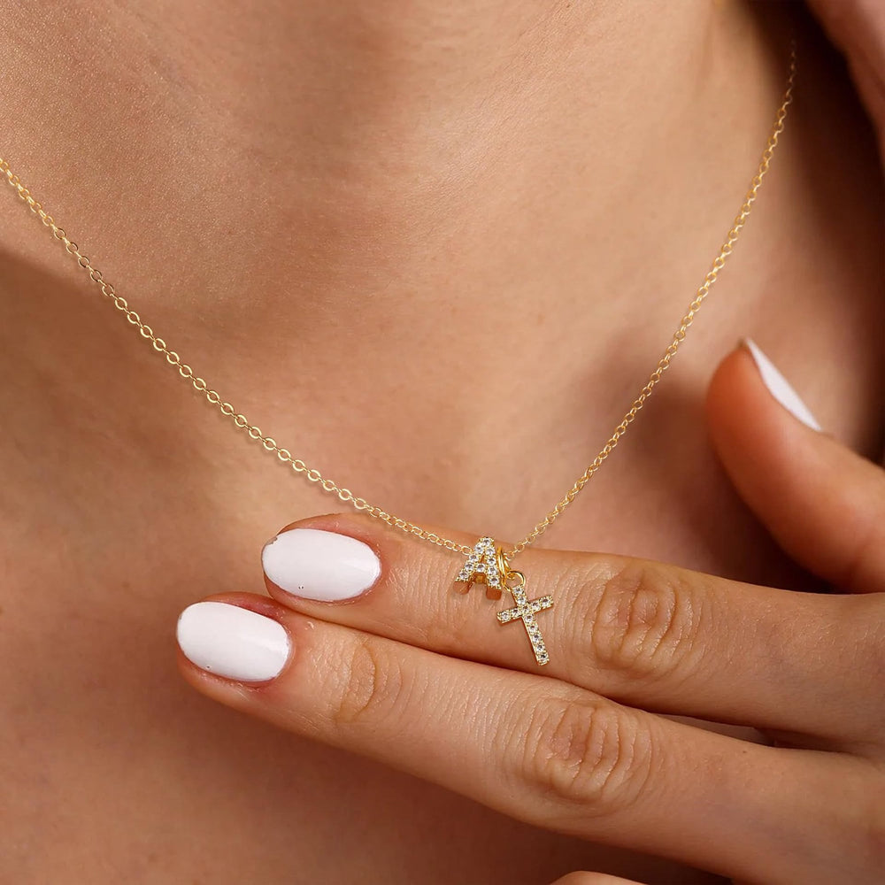 FREE Today: Custom Initial Letter A-Z Rhinestone Accent Cross Dual Charm Pendant Necklace: Timeless Emblem of Gentle Heavenly Guardianship - image 1