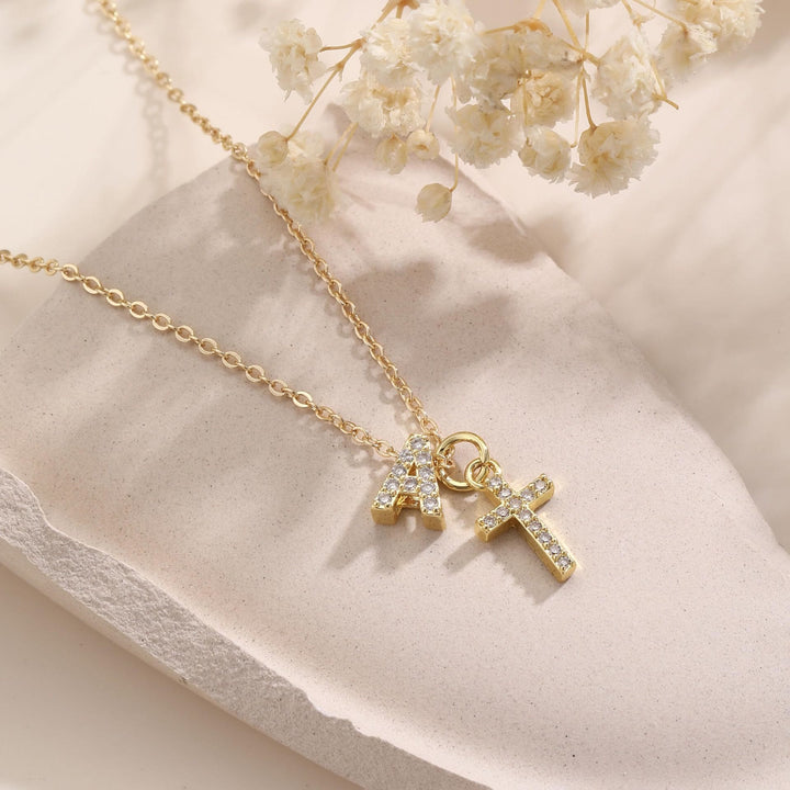 Christianartworkshop Custom Initial Letter A-Z Rhinestone Accent Cross Dual Charm Pendant Necklace: Timeless Emblem of Gentle Heavenly Guardianship - image 0