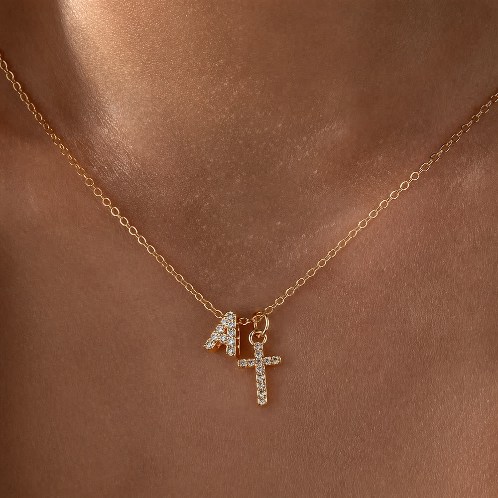 FREE Today: Custom Initial Letter A-Z Rhinestone Accent Cross Dual Charm Pendant Necklace: Timeless Emblem of Gentle Heavenly Guardianship - A - image 2