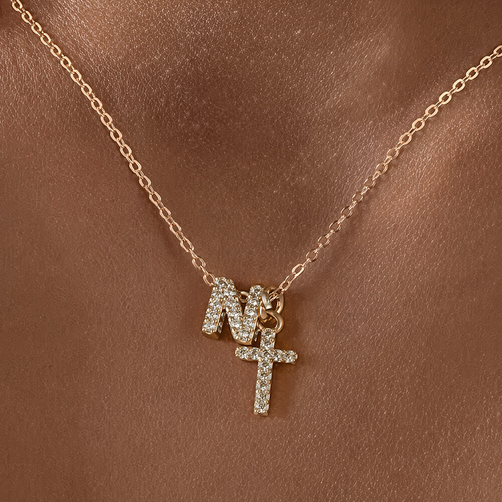 Christianartworkshop Custom Initial Letter A-Z Rhinestone Accent Cross Dual Charm Pendant Necklace: Timeless Emblem of Gentle Heavenly Guardianship - N - image 15