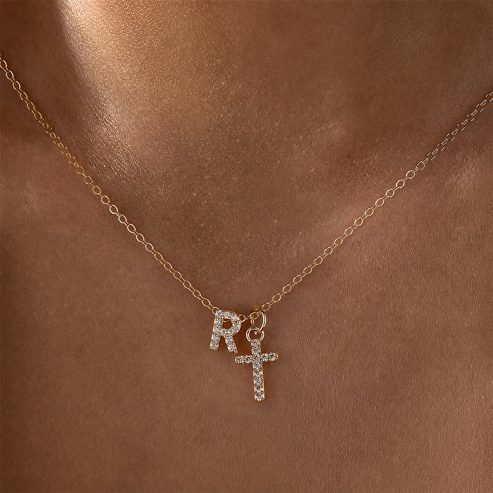 Christianartworkshop Custom Initial Letter A-Z Rhinestone Accent Cross Dual Charm Pendant Necklace: Timeless Emblem of Gentle Heavenly Guardianship - R - image 19