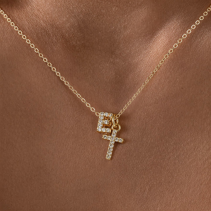 Christianartworkshop Custom Initial Letter A-Z Rhinestone Accent Cross Dual Charm Pendant Necklace: Timeless Emblem of Gentle Heavenly Guardianship - E - image 6