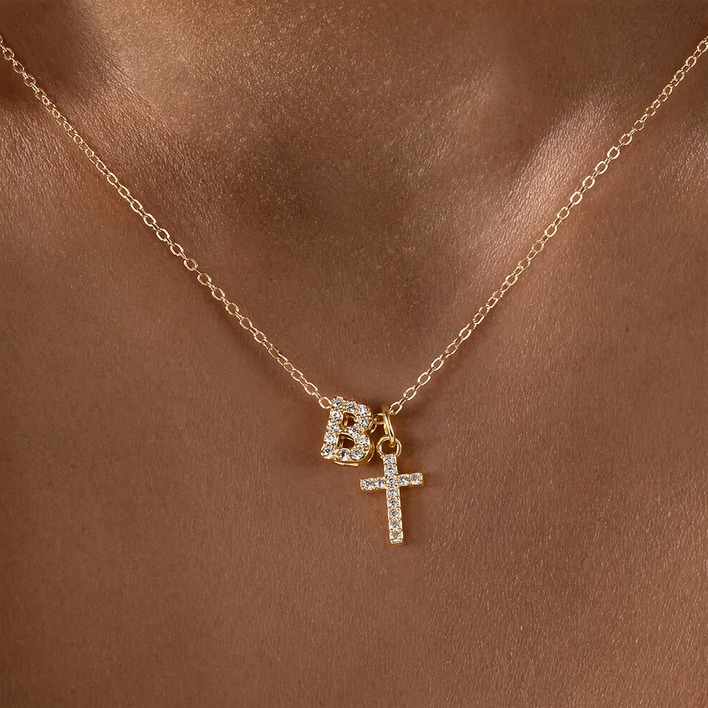 FREE Today: Custom Initial Letter A-Z Rhinestone Accent Cross Dual Charm Pendant Necklace: Timeless Emblem of Gentle Heavenly Guardianship - B - image 3