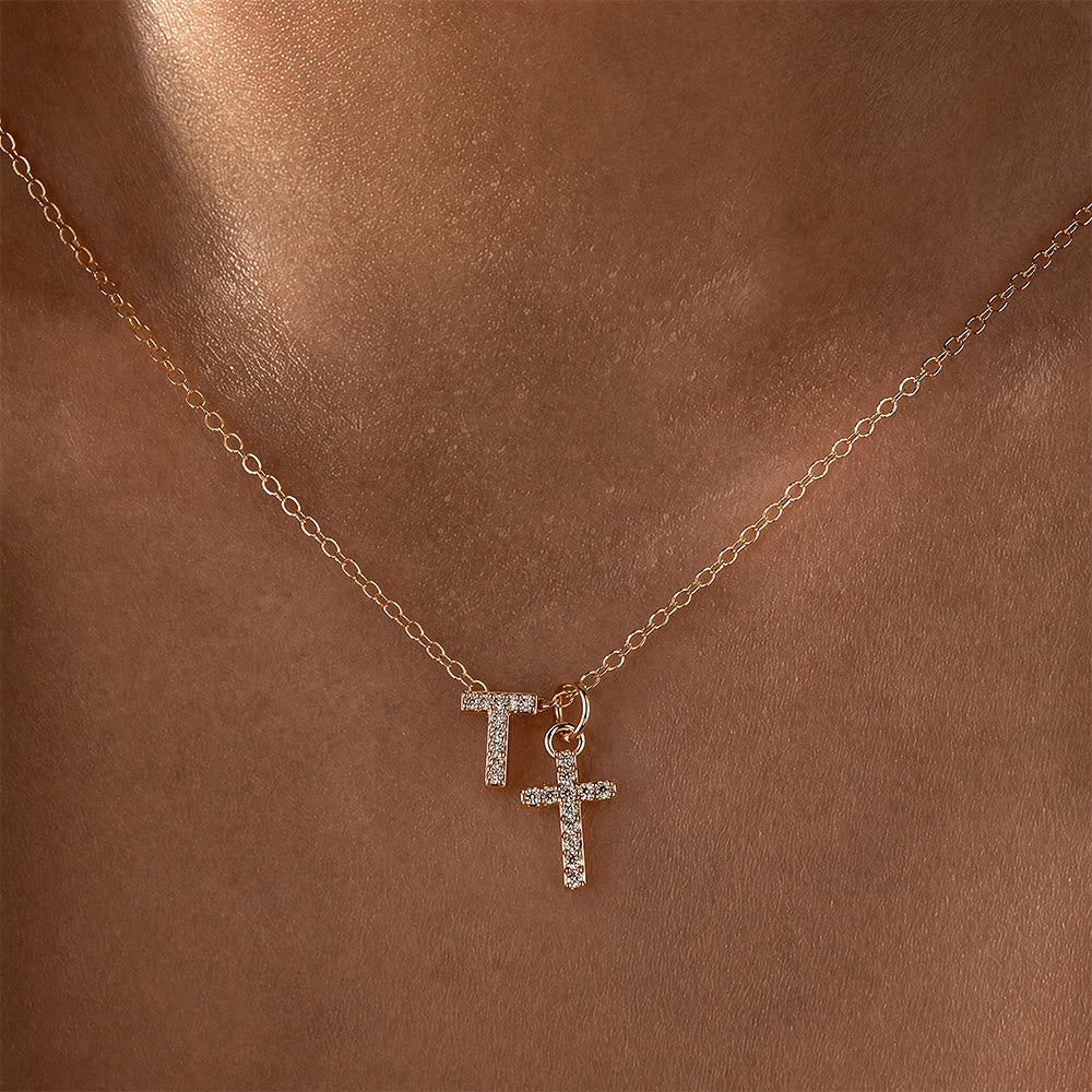 Christianartworkshop Custom Initial Letter A-Z Rhinestone Accent Cross Dual Charm Pendant Necklace: Timeless Emblem of Gentle Heavenly Guardianship - T - image 21