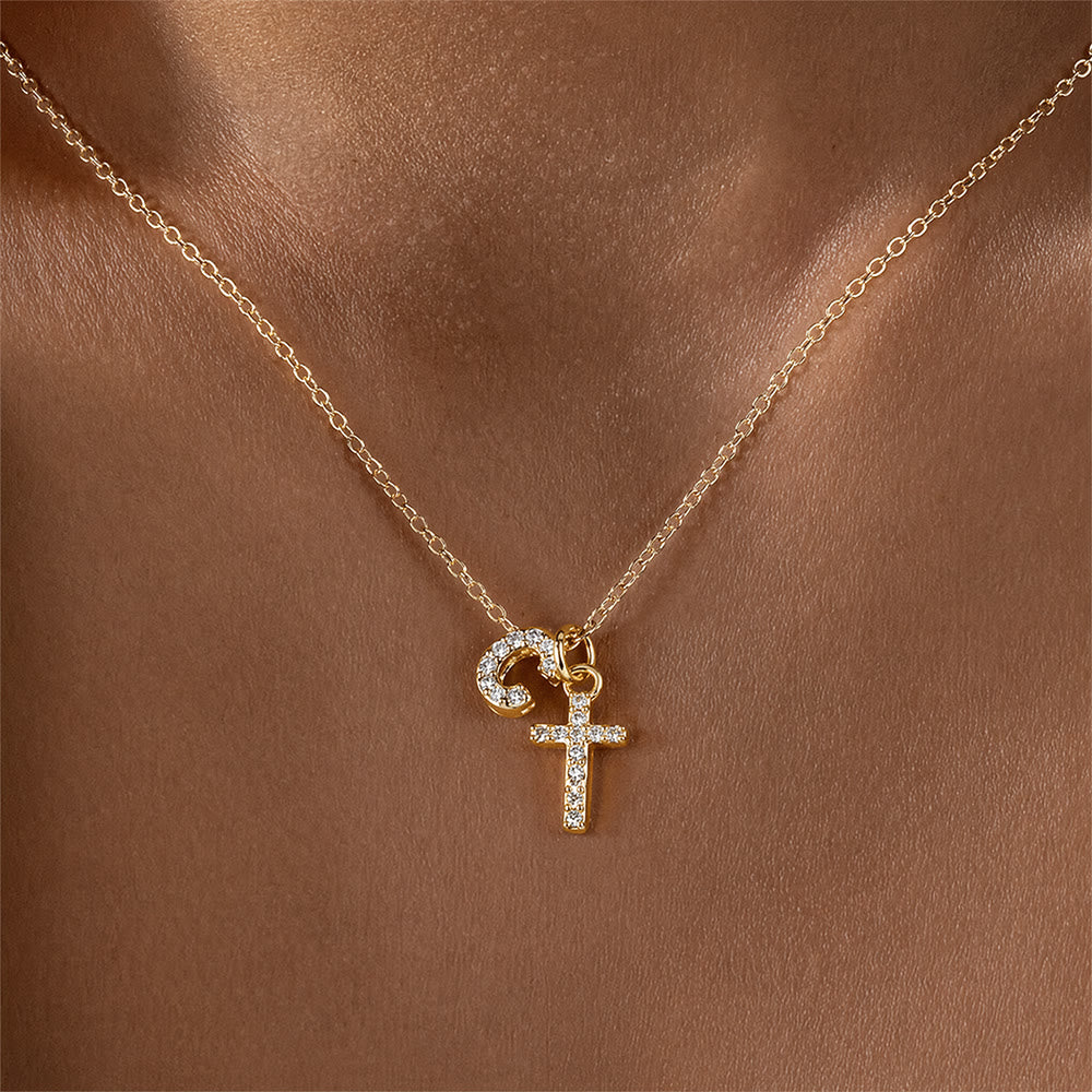 Christianartworkshop Custom Initial Letter A-Z Rhinestone Accent Cross Dual Charm Pendant Necklace: Timeless Emblem of Gentle Heavenly Guardianship - C - image 4