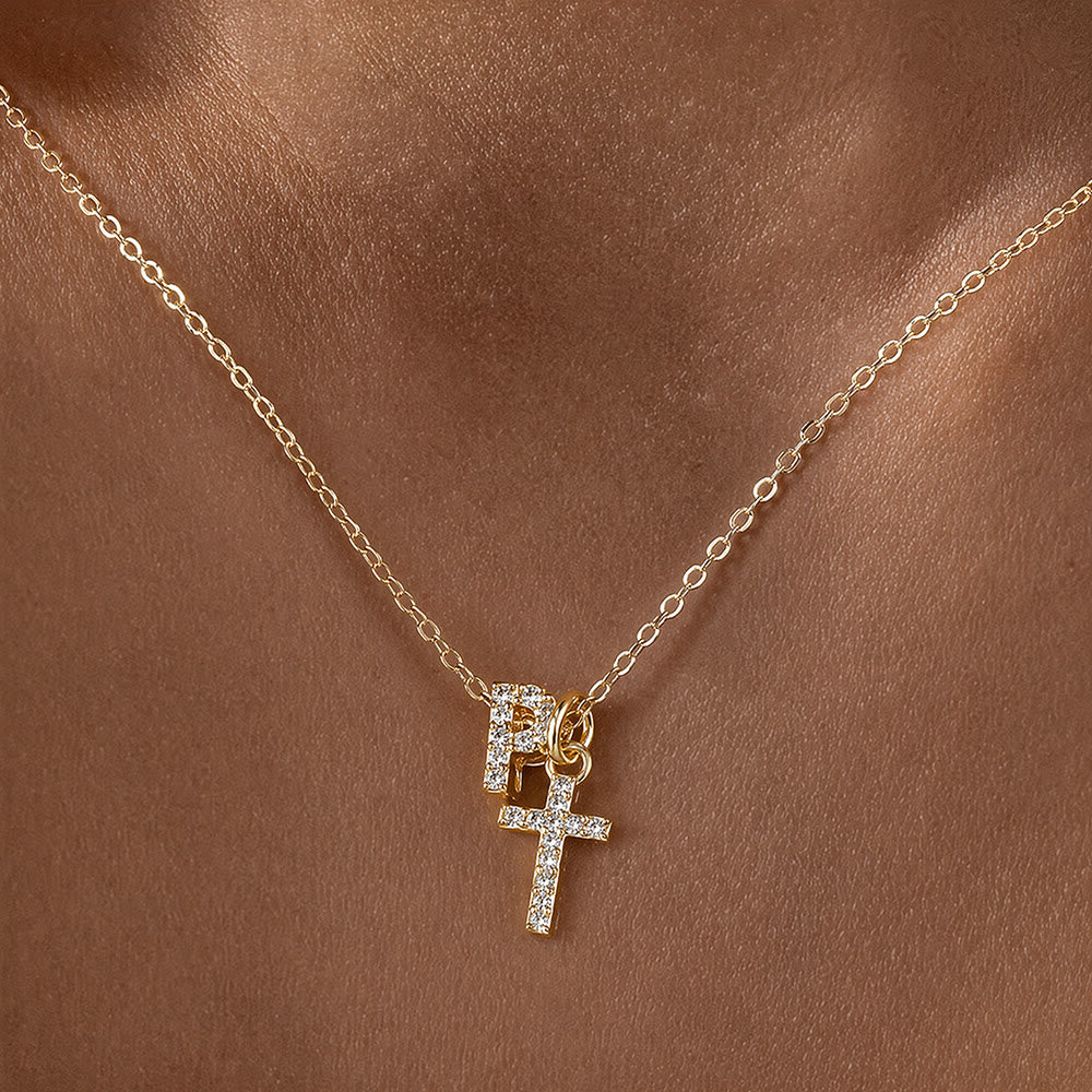 FREE Today: Custom Initial Letter A-Z Rhinestone Accent Cross Dual Charm Pendant Necklace: Timeless Emblem of Gentle Heavenly Guardianship - P - image 17