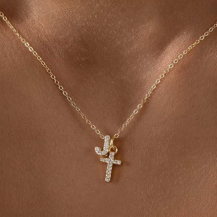 FREE Today: Custom Initial Letter A-Z Rhinestone Accent Cross Dual Charm Pendant Necklace: Timeless Emblem of Gentle Heavenly Guardianship - J - image 11