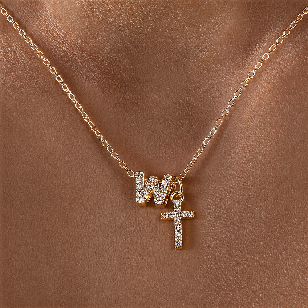 Christianartworkshop Custom Initial Letter A-Z Rhinestone Accent Cross Dual Charm Pendant Necklace: Timeless Emblem of Gentle Heavenly Guardianship - W - image 24