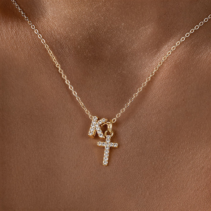 FREE Today: Custom Initial Letter A-Z Rhinestone Accent Cross Dual Charm Pendant Necklace: Timeless Emblem of Gentle Heavenly Guardianship - K - image 12