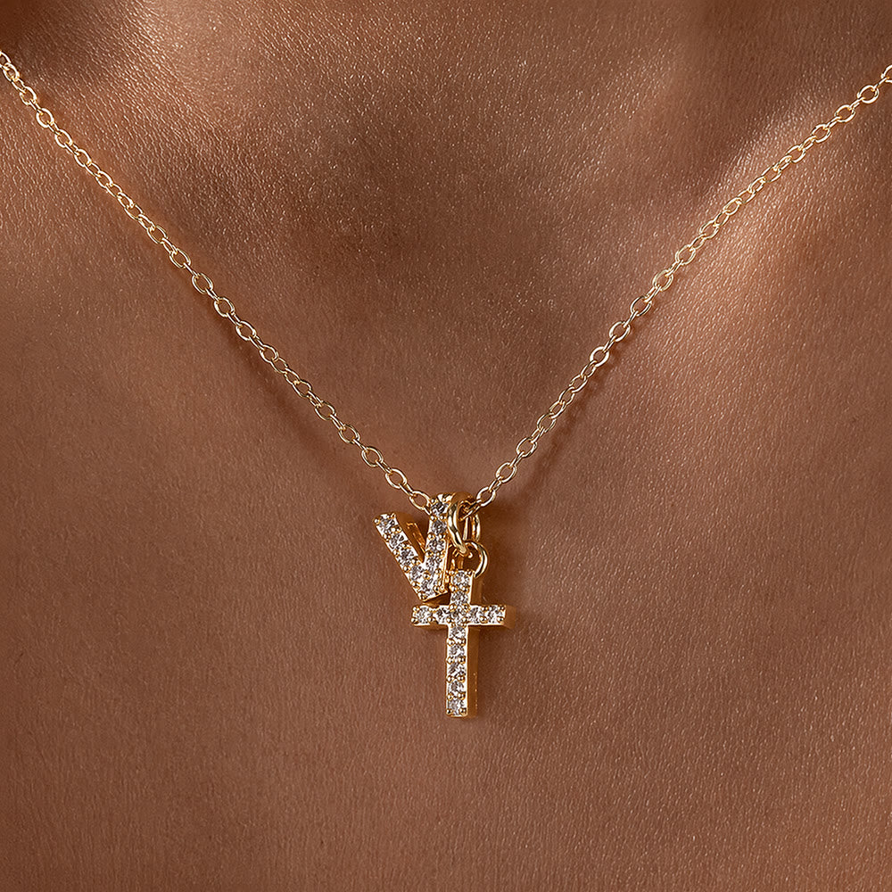 FREE Today: Custom Initial Letter A-Z Rhinestone Accent Cross Dual Charm Pendant Necklace: Timeless Emblem of Gentle Heavenly Guardianship - V - image 23