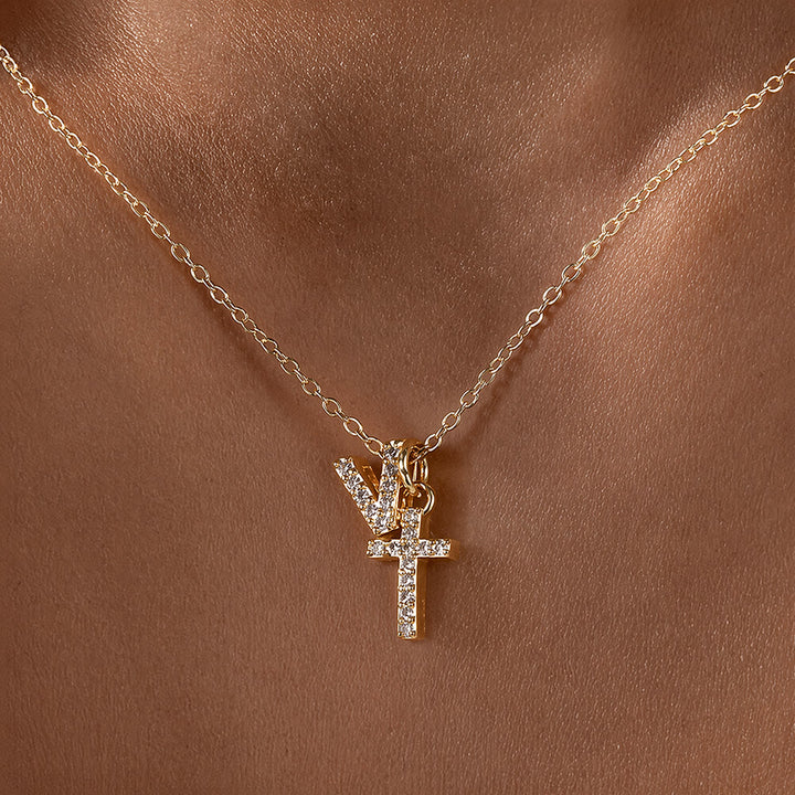 FREE Today: Custom Initial Letter A-Z Rhinestone Accent Cross Dual Charm Pendant Necklace: Timeless Emblem of Gentle Heavenly Guardianship - V - image 23