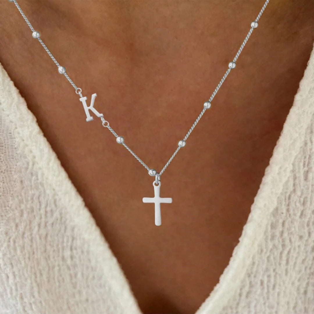 Christianartworkshop Beaded Chain Custom A-Z Initial Letter Side Charm Cross Pendant Necklace: Timeless Emblem of Gentle Heavenly Guardianship - Silver - K - image 26