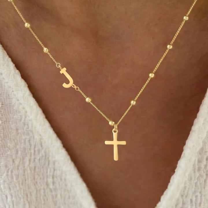 FREE Today: Beaded Chain Custom A-Z Initial Letter Side Charm Cross Pendant Necklace: Timeless Emblem of Gentle Heavenly Guardianship - Golden - J - image 10