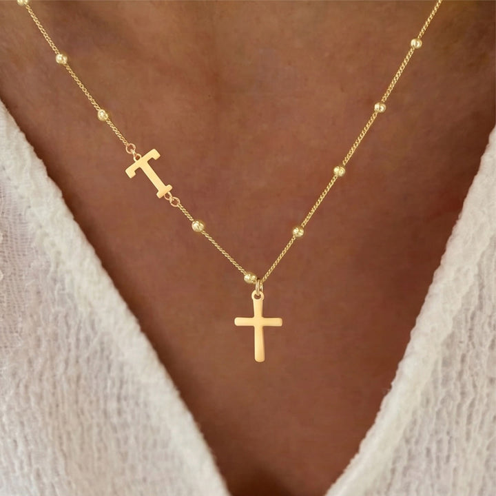 Christianartworkshop Beaded Chain Custom A-Z Initial Letter Side Charm Cross Pendant Necklace: Timeless Emblem of Gentle Heavenly Guardianship - Golden - T - image 19