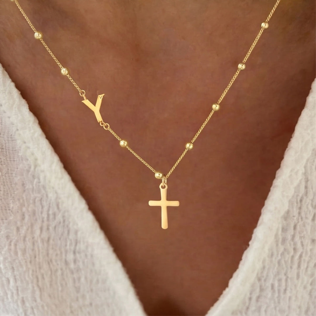 FREE Today: Beaded Chain Custom A-Z Initial Letter Side Charm Cross Pendant Necklace: Timeless Emblem of Gentle Heavenly Guardianship - Golden - Y - image 24