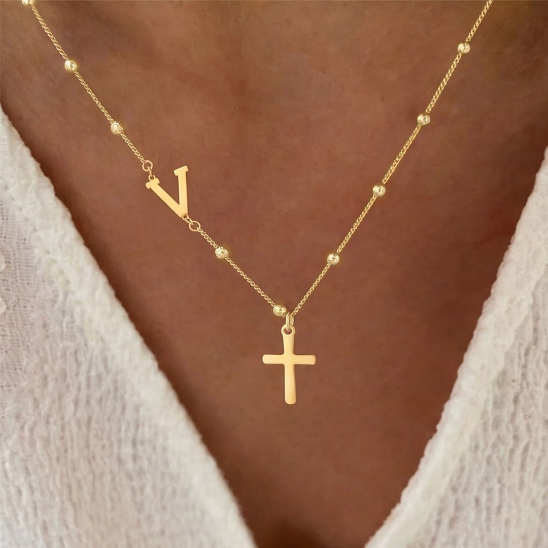 FREE Today: Beaded Chain Custom A-Z Initial Letter Side Charm Cross Pendant Necklace: Timeless Emblem of Gentle Heavenly Guardianship - Golden - V - image 21