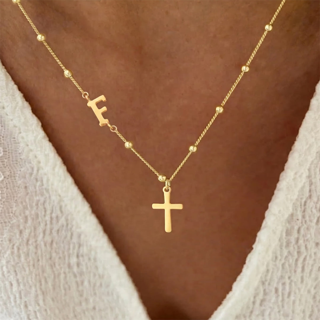 Christianartworkshop Beaded Chain Custom A-Z Initial Letter Side Charm Cross Pendant Necklace: Timeless Emblem of Gentle Heavenly Guardianship - Golden - F - image 6
