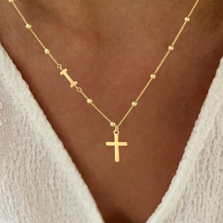 FREE Today: Beaded Chain Custom A-Z Initial Letter Side Charm Cross Pendant Necklace: Timeless Emblem of Gentle Heavenly Guardianship - Golden - I - image 9