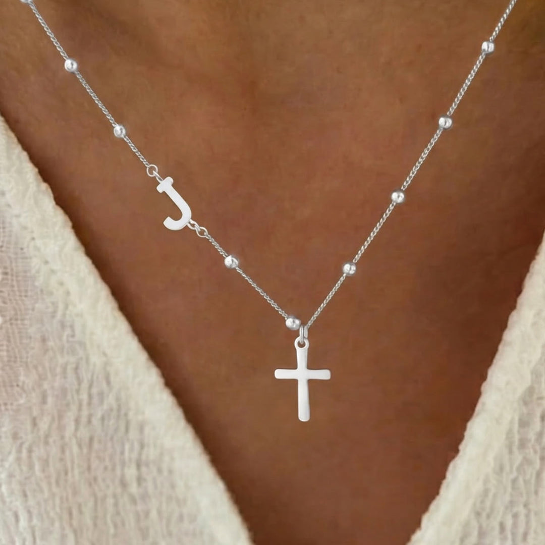Christianartworkshop Beaded Chain Custom A-Z Initial Letter Side Charm Cross Pendant Necklace: Timeless Emblem of Gentle Heavenly Guardianship - Silver - J - image 36