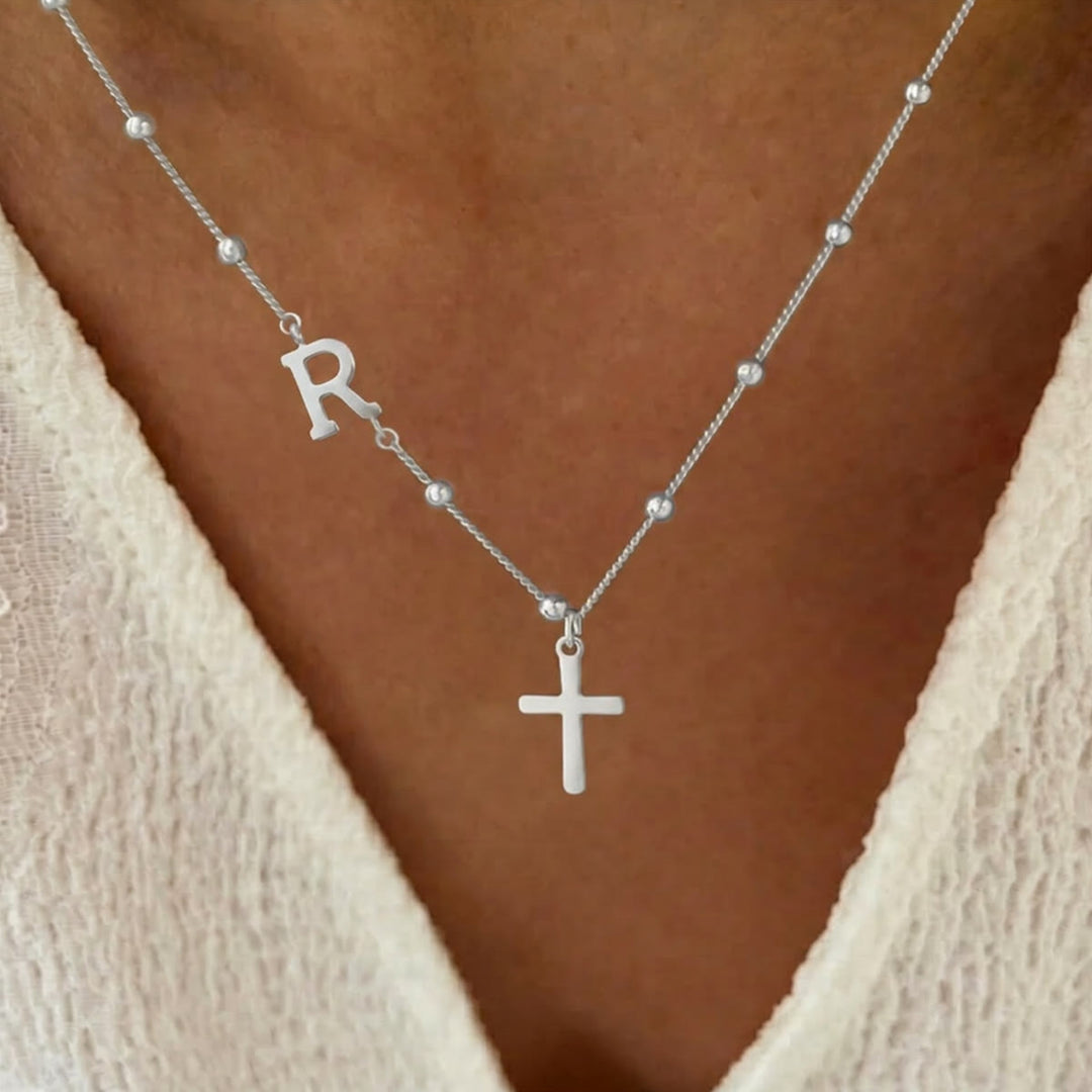 Christianartworkshop Beaded Chain Custom A-Z Initial Letter Side Charm Cross Pendant Necklace: Timeless Emblem of Gentle Heavenly Guardianship - Silver - R - image 43