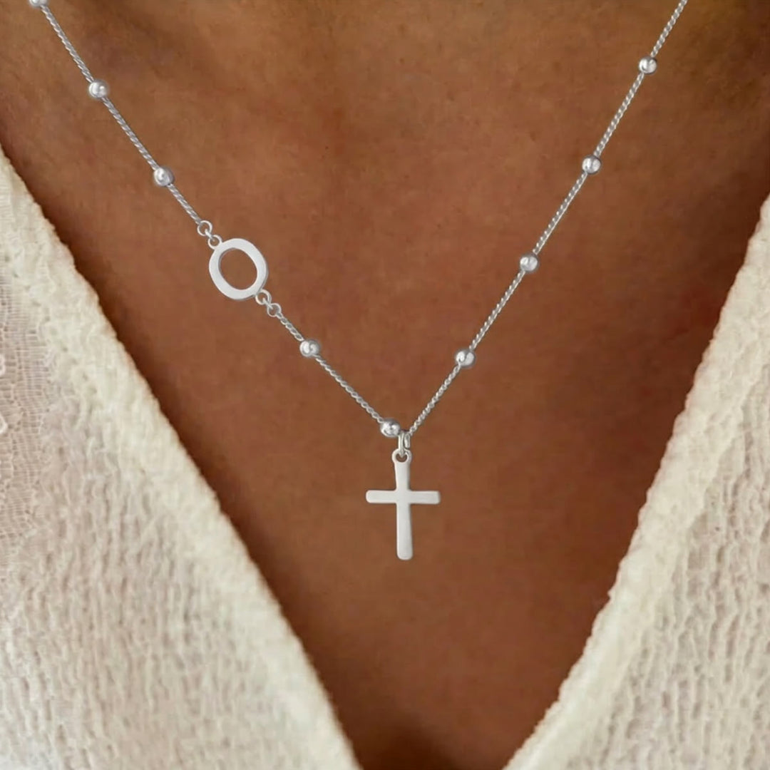 Christianartworkshop Beaded Chain Custom A-Z Initial Letter Side Charm Cross Pendant Necklace: Timeless Emblem of Gentle Heavenly Guardianship - Silver - O - image 40