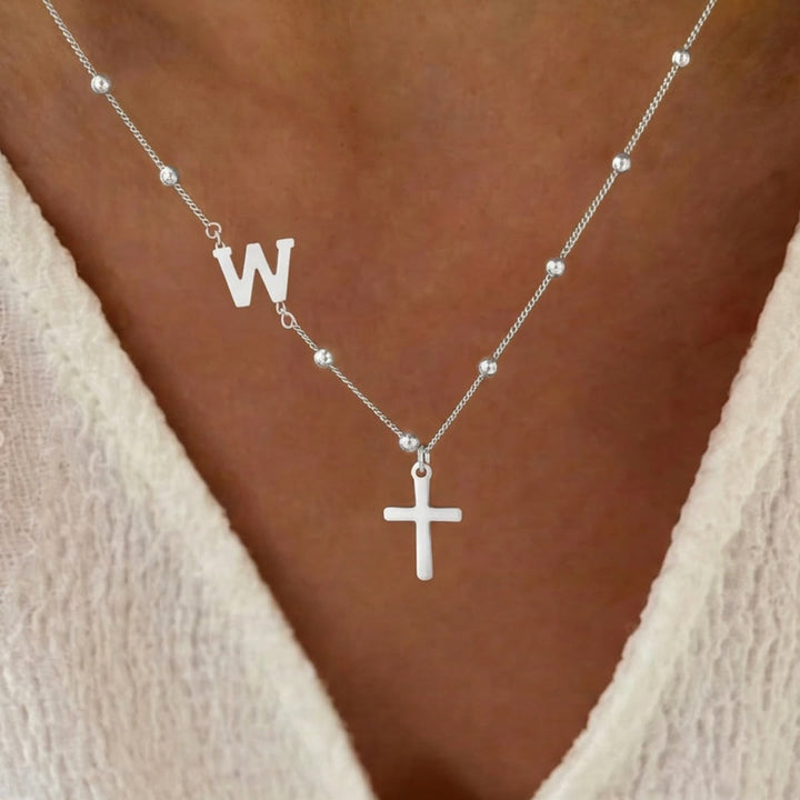 FREE Today: Beaded Chain Custom A-Z Initial Letter Side Charm Cross Pendant Necklace: Timeless Emblem of Gentle Heavenly Guardianship - Silver - W - image 48