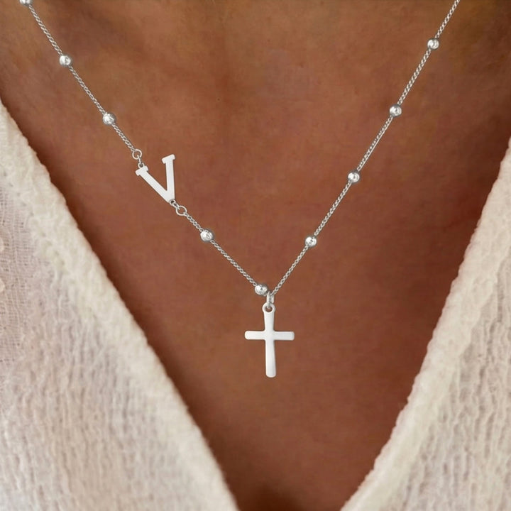 FREE Today: Beaded Chain Custom A-Z Initial Letter Side Charm Cross Pendant Necklace: Timeless Emblem of Gentle Heavenly Guardianship - Silver - V - image 47
