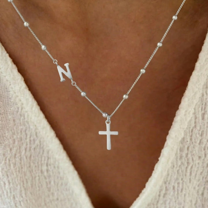 Christianartworkshop Beaded Chain Custom A-Z Initial Letter Side Charm Cross Pendant Necklace: Timeless Emblem of Gentle Heavenly Guardianship - Silver - N - image 39
