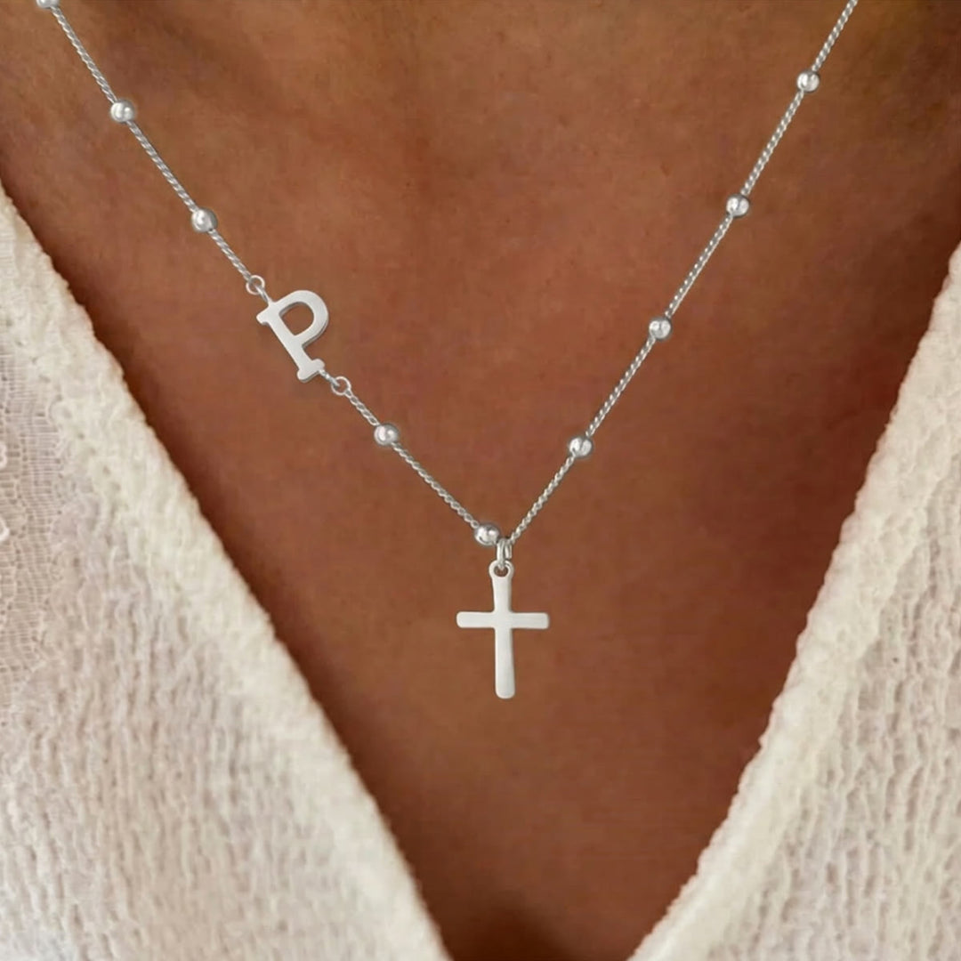 FREE Today: Beaded Chain Custom A-Z Initial Letter Side Charm Cross Pendant Necklace: Timeless Emblem of Gentle Heavenly Guardianship - Silver - P - image 41