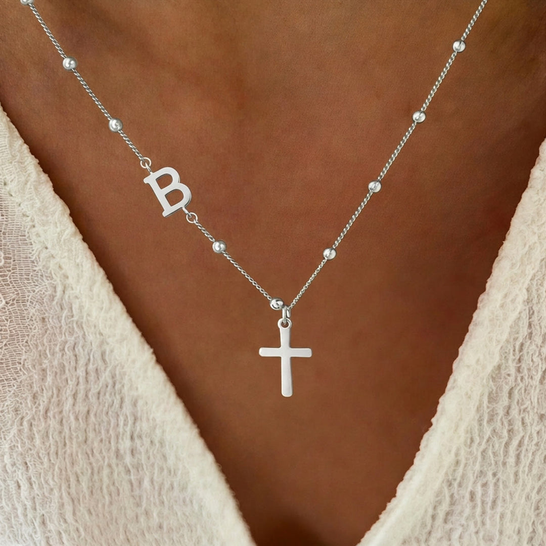FREE Today: Beaded Chain Custom A-Z Initial Letter Side Charm Cross Pendant Necklace: Timeless Emblem of Gentle Heavenly Guardianship - Silver - B - image 28