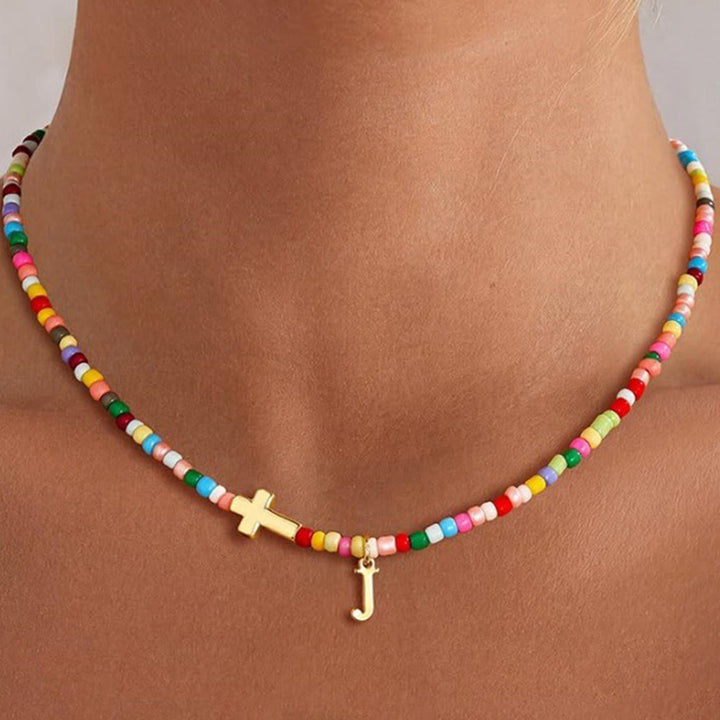 Christianartworkshop Personalized Alphabet Letter Cross Ornament Vibrant Bead Choker Necklace: Timeless Emblem of Gentle Heavenly Guardianship - J - image 11