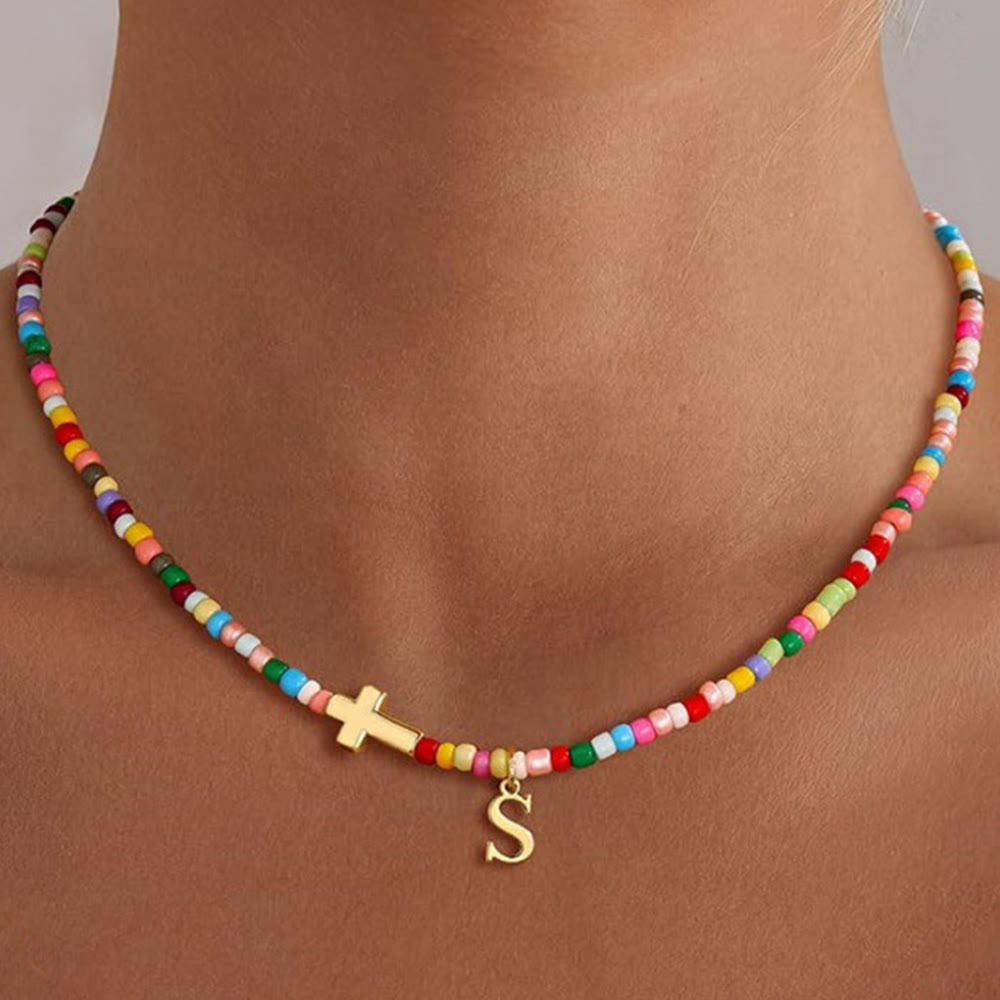 Christianartworkshop Personalized Alphabet Letter Cross Ornament Vibrant Bead Choker Necklace: Timeless Emblem of Gentle Heavenly Guardianship - S - image 16
