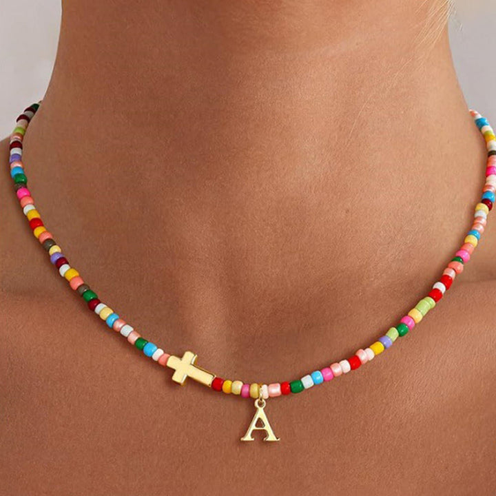 Christianartworkshop Personalized Alphabet Letter Cross Ornament Vibrant Bead Choker Necklace: Timeless Emblem of Gentle Heavenly Guardianship - A - image 0