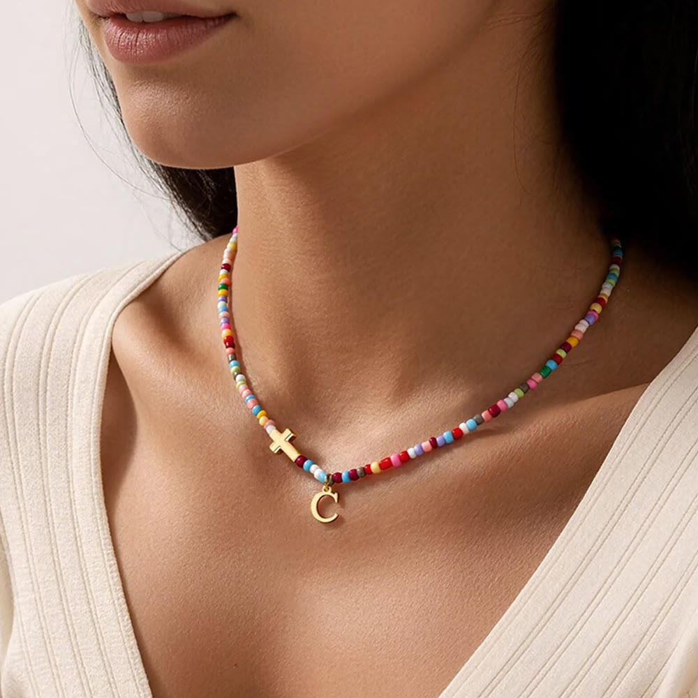 Christianartworkshop Personalized Alphabet Letter Cross Ornament Vibrant Bead Choker Necklace: Timeless Emblem of Gentle Heavenly Guardianship - image 5