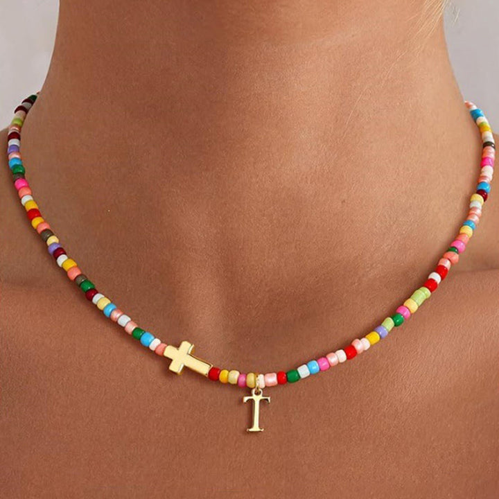 Christianartworkshop Personalized Alphabet Letter Cross Ornament Vibrant Bead Choker Necklace: Timeless Emblem of Gentle Heavenly Guardianship - T - image 17