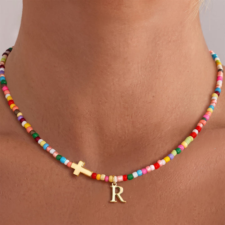 Christianartworkshop Personalized Alphabet Letter Cross Ornament Vibrant Bead Choker Necklace: Timeless Emblem of Gentle Heavenly Guardianship - R - image 15