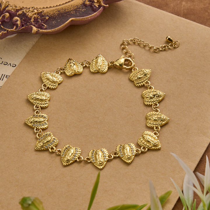 Christianartworkshop Our Lady of Guadalupe Heart Shaped Medallion Sparkle Trim Link Bracelet: Timeless Emblem of Gentle Heavenly Guardianship - image 1