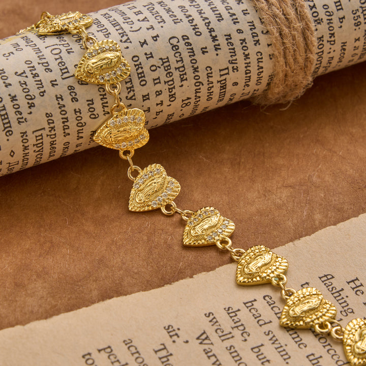 Christianartworkshop Our Lady of Guadalupe Heart Shaped Medallion Sparkle Trim Link Bracelet: Timeless Emblem of Gentle Heavenly Guardianship - image 3