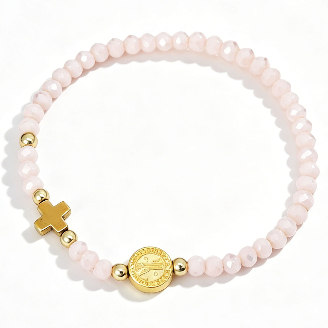 Christianartworkshop Saint Benedict Medal Cross Multi-Tone Bead Stretch Bracelet: Timeless Emblem of Gentle Heavenly Guardianship - Light Pink - image 7