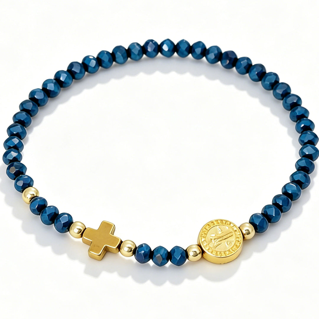Christianartworkshop Saint Benedict Medal Cross Multi-Tone Bead Stretch Bracelet: Timeless Emblem of Gentle Heavenly Guardianship - Dark Blue - image 5