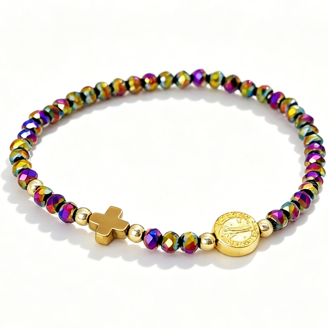 Christianartworkshop Saint Benedict Medal Cross Multi-Tone Bead Stretch Bracelet: Timeless Emblem of Gentle Heavenly Guardianship - Blue Violet - image 8