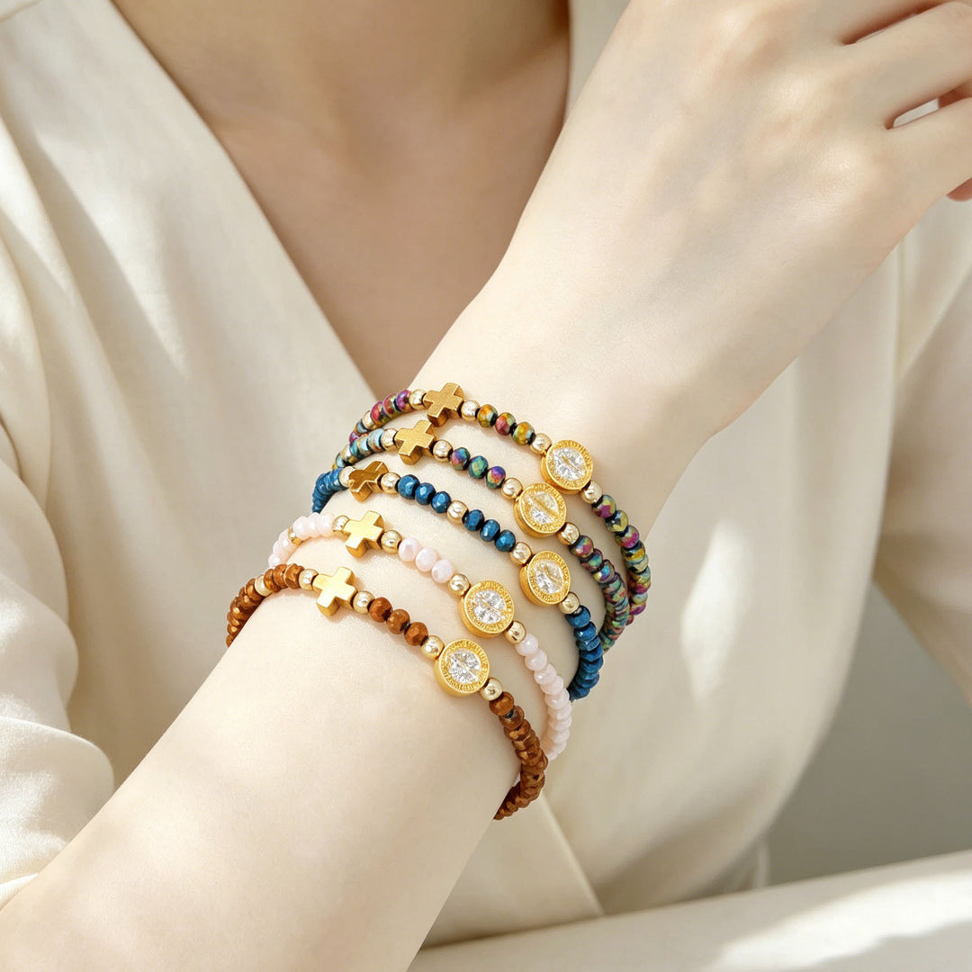 Christianartworkshop Saint Benedict Medal Cross Multi-Tone Bead Stretch Bracelet: Timeless Emblem of Gentle Heavenly Guardianship - image 3
