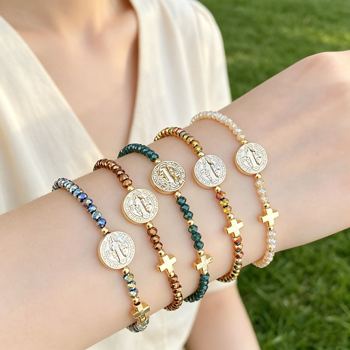 Christianartworkshop Saint Benedict Medal Cross Multi-Tone Bead Stretch Bracelet: Timeless Emblem of Gentle Heavenly Guardianship - image 2