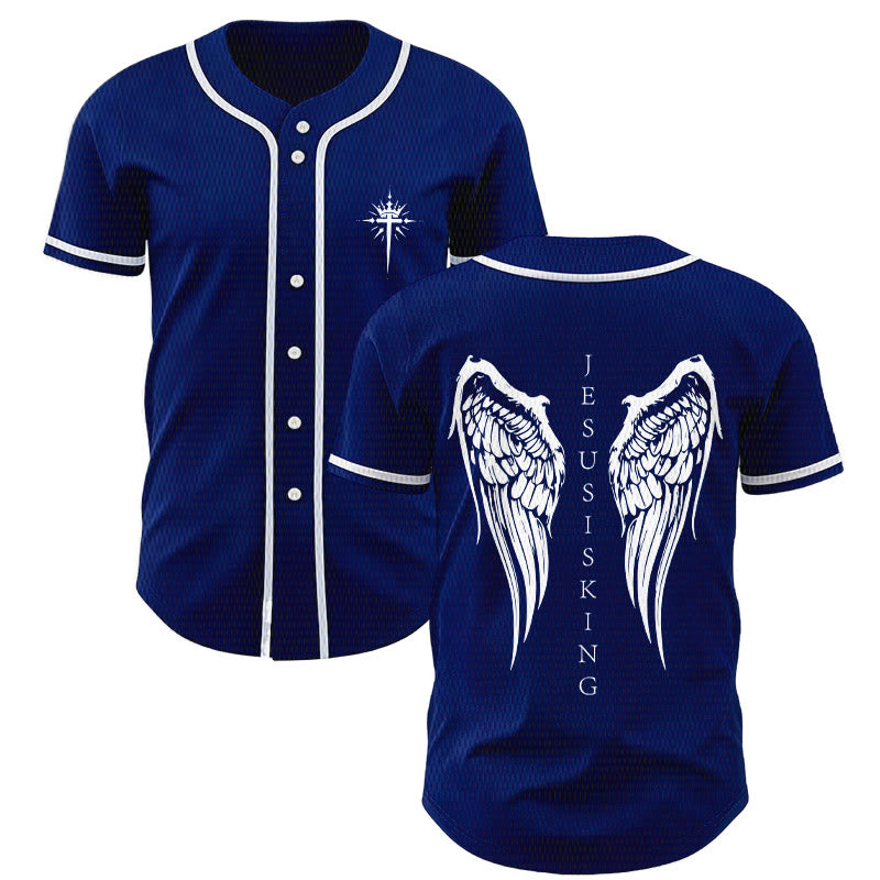 Christianartworkshop Jesus Is King Angel Wings Cross Faith Statement Custom Baseball Jersey - Navy Blue - 5XL - image 7