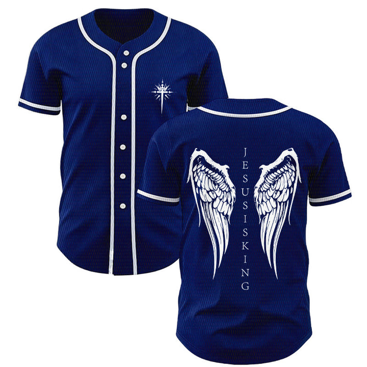 Christianartworkshop Jesus Is King Angel Wings Cross Faith Statement Custom Baseball Jersey - Navy Blue - 5XL - image 7