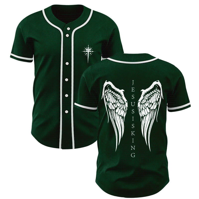 Christianartworkshop Jesus Is King Angel Wings Cross Faith Statement Custom Baseball Jersey - Green - 5XL - image 49