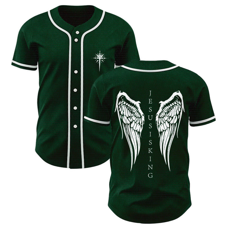 Christianartworkshop Jesus Is King Angel Wings Cross Faith Statement Custom Baseball Jersey - Green - 5XL - image 49