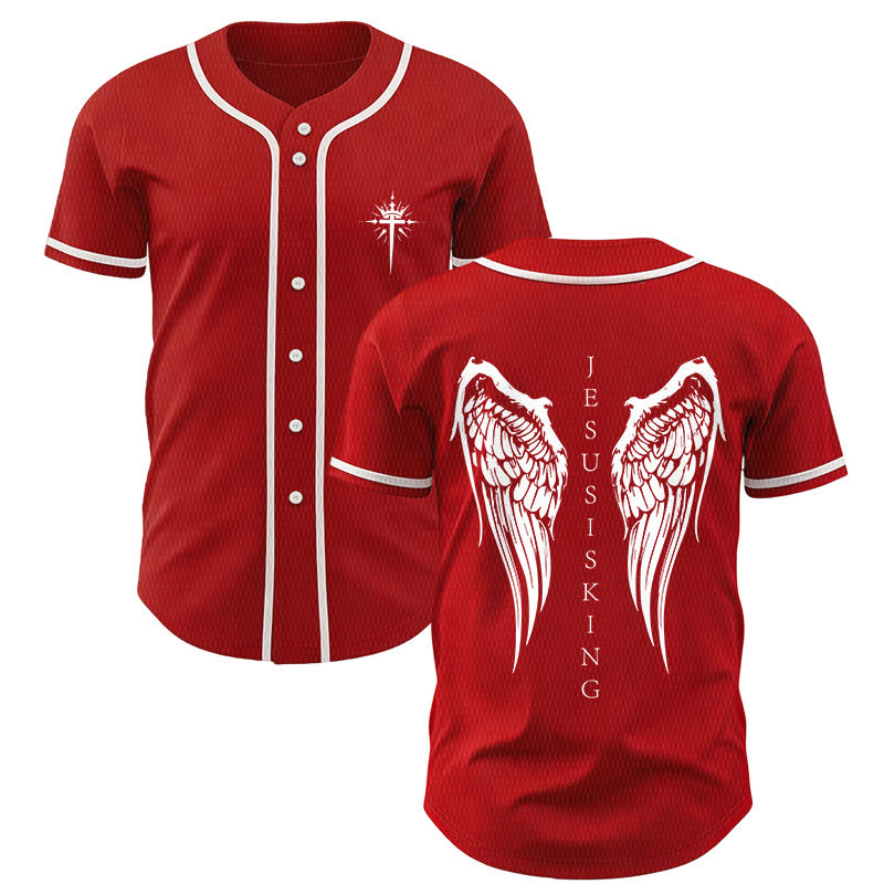 Christianartworkshop Jesus Is King Angel Wings Cross Faith Statement Custom Baseball Jersey - Red - 5XL - image 28