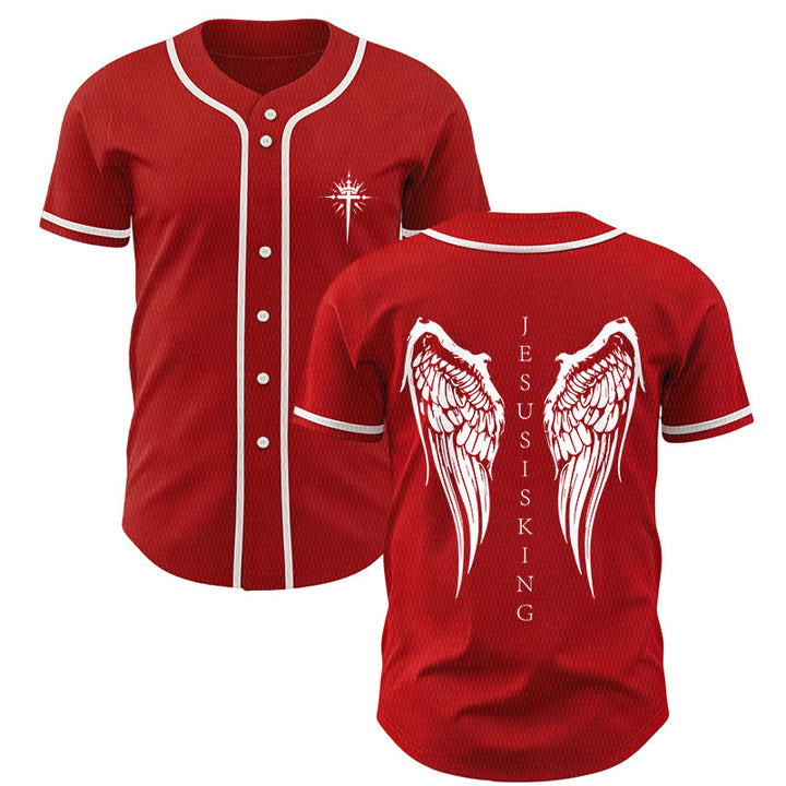 Christianartworkshop Jesus Is King Angel Wings Cross Faith Statement Custom Baseball Jersey - Red - 5XL - image 28