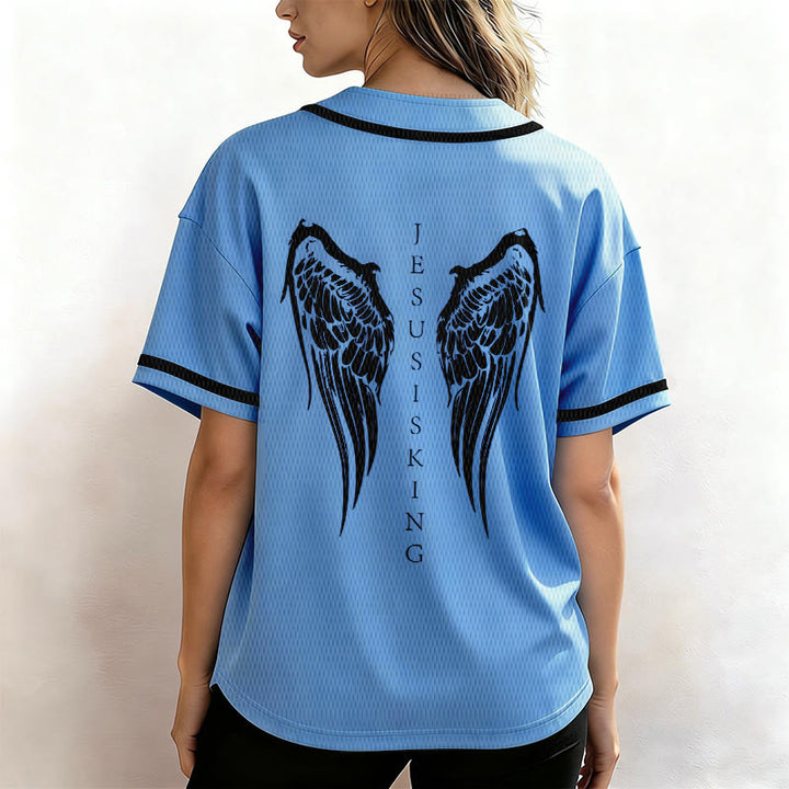 Christianartworkshop Jesus Is King Angel Wings Cross Faith Statement Custom Baseball Jersey - image 47
